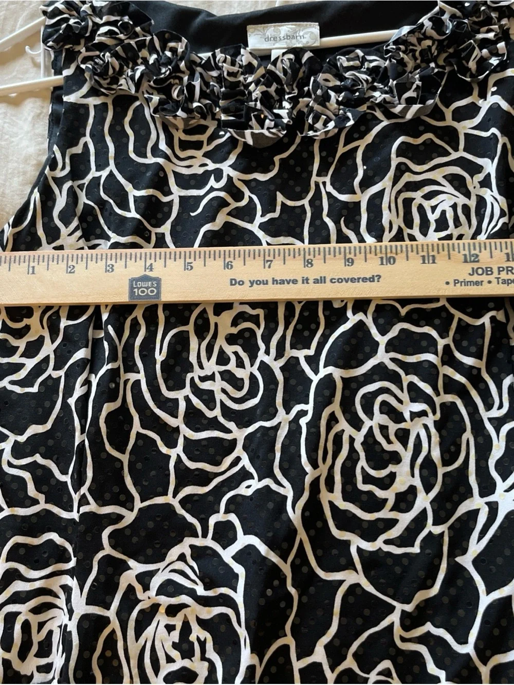 Dress Barn Black and White Rose-Print Ruffle-Neck Mini Dress